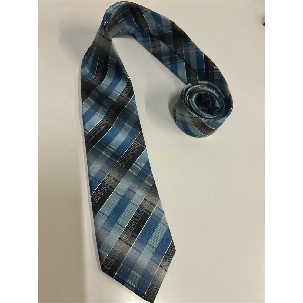 Giorgio Brutini Colizione Neck Tie Teal Blue Gray Plaid Striped 100 % Polyester